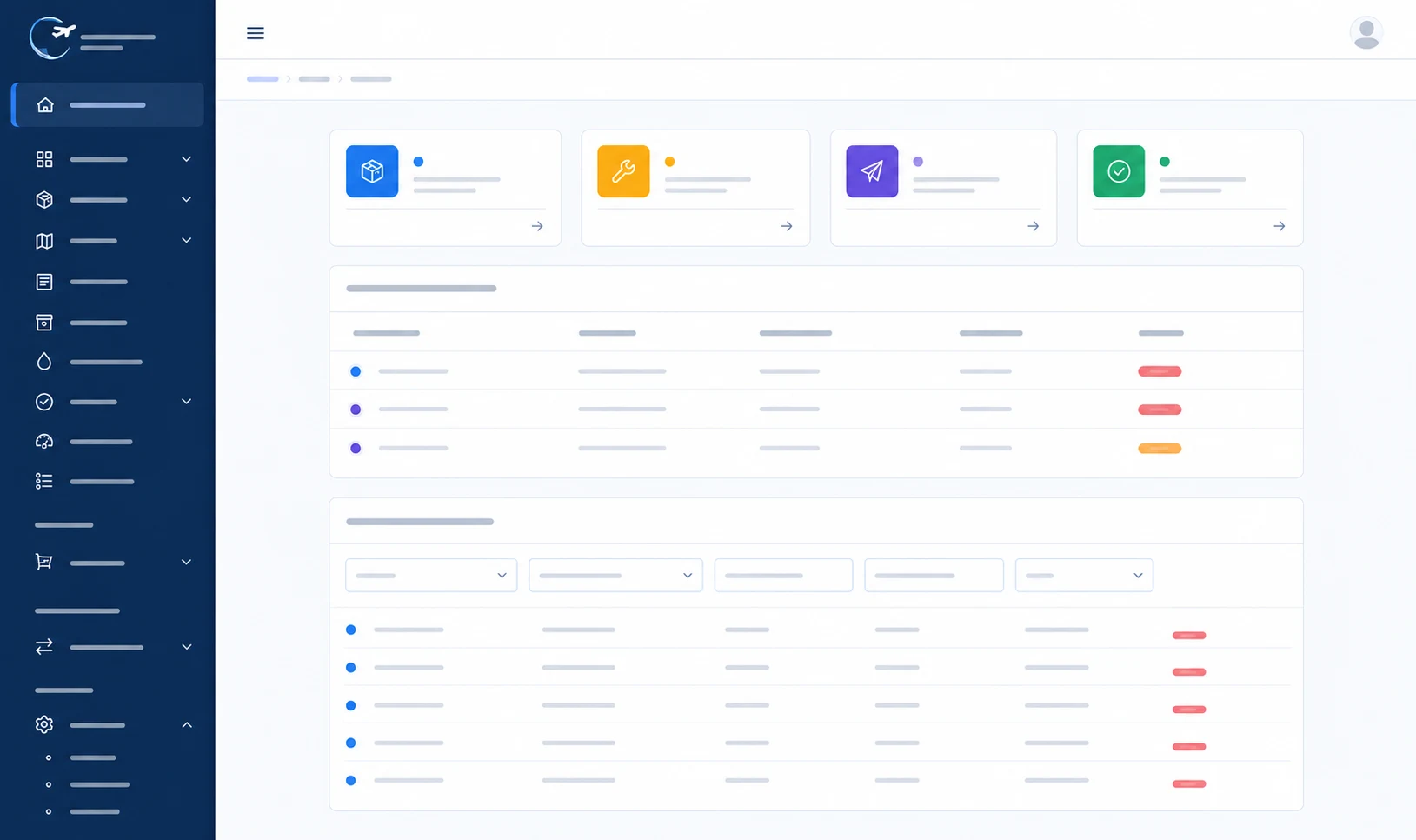 The AirOne MRO workflow view, with jobs moving from receiving through to shipping.