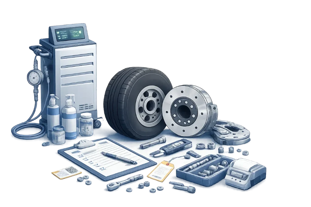An aircraft wheel, a brake disc, calibrated tools and a job card — the work AirOne MRO was built around.
